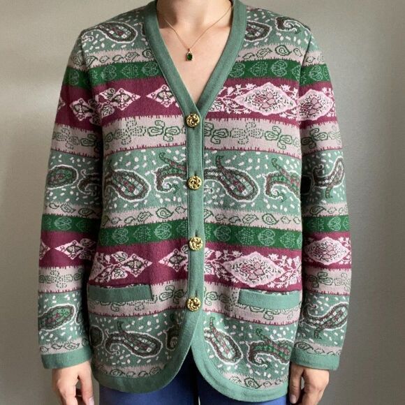 Vintage 80s Womens Pink Green Paisley Striped Oversized Grandma Cardigan Sz L - Picture 6 of 11